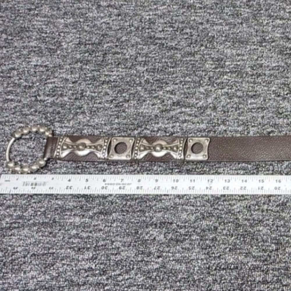 Chicos Brown Genuine Leather Belt Silver Metal Concho Beaded Buckle Size S/M